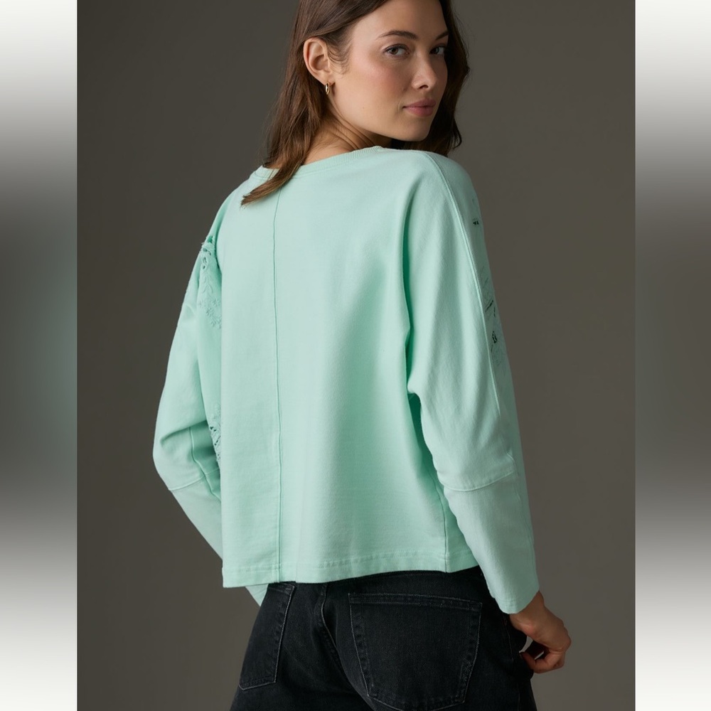 NWT Anthropologie Embroidered Cutwork Sweatshirt in Sky Blue - Size: M - Picture 3 of 13